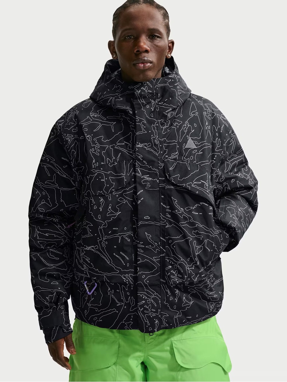 Nike ACG Black Hooded Puffer Jacket with White Reflective Line Pattern